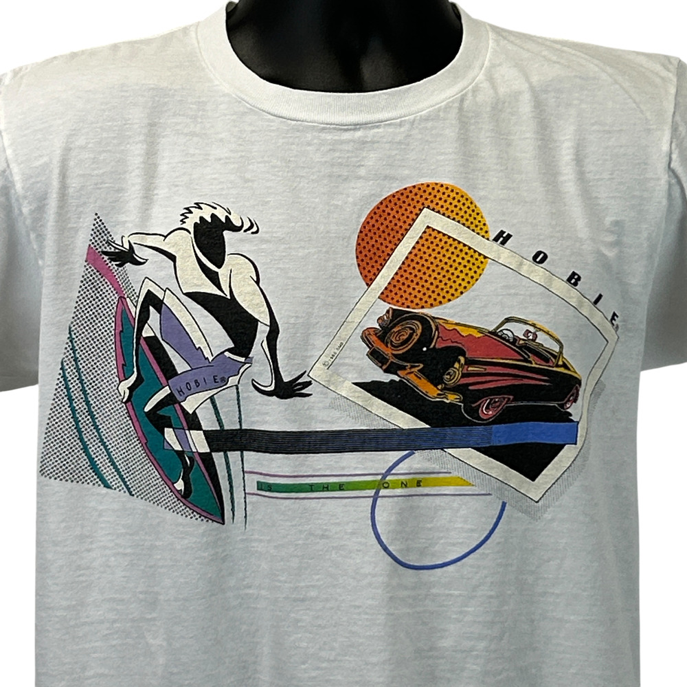 Vintage 80s Hobie Surfer T Shirt White Surfing Chevrolet Bel Air Unisex M Medium